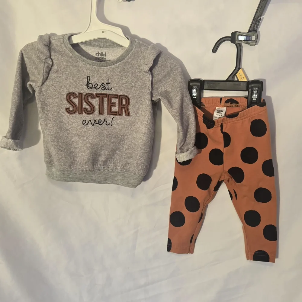 6-9 M Girls 'Best Sister Ever' Sweatshirt and Orange Polka Dot Leggings Set